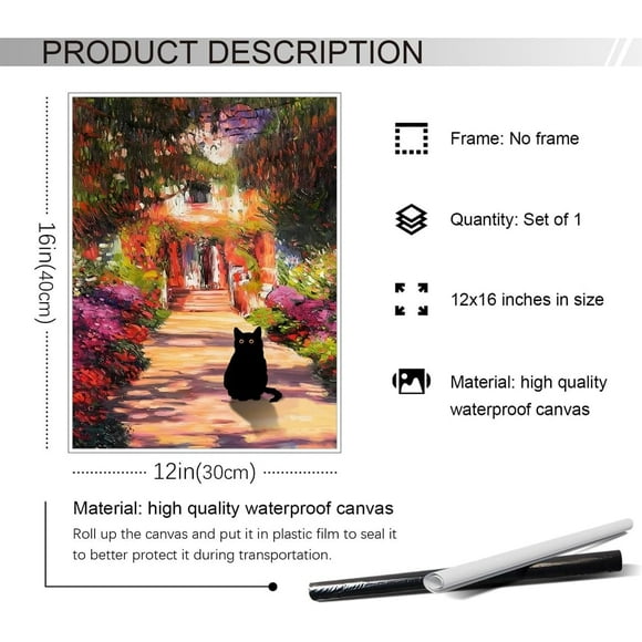 Vintage Monet Garden Cat Canvas Art Famous Oil Painting Monet Flowers Black Cat Poster Funny Floral Print Room Decoration for Bedroom 30x40cm Unframed
