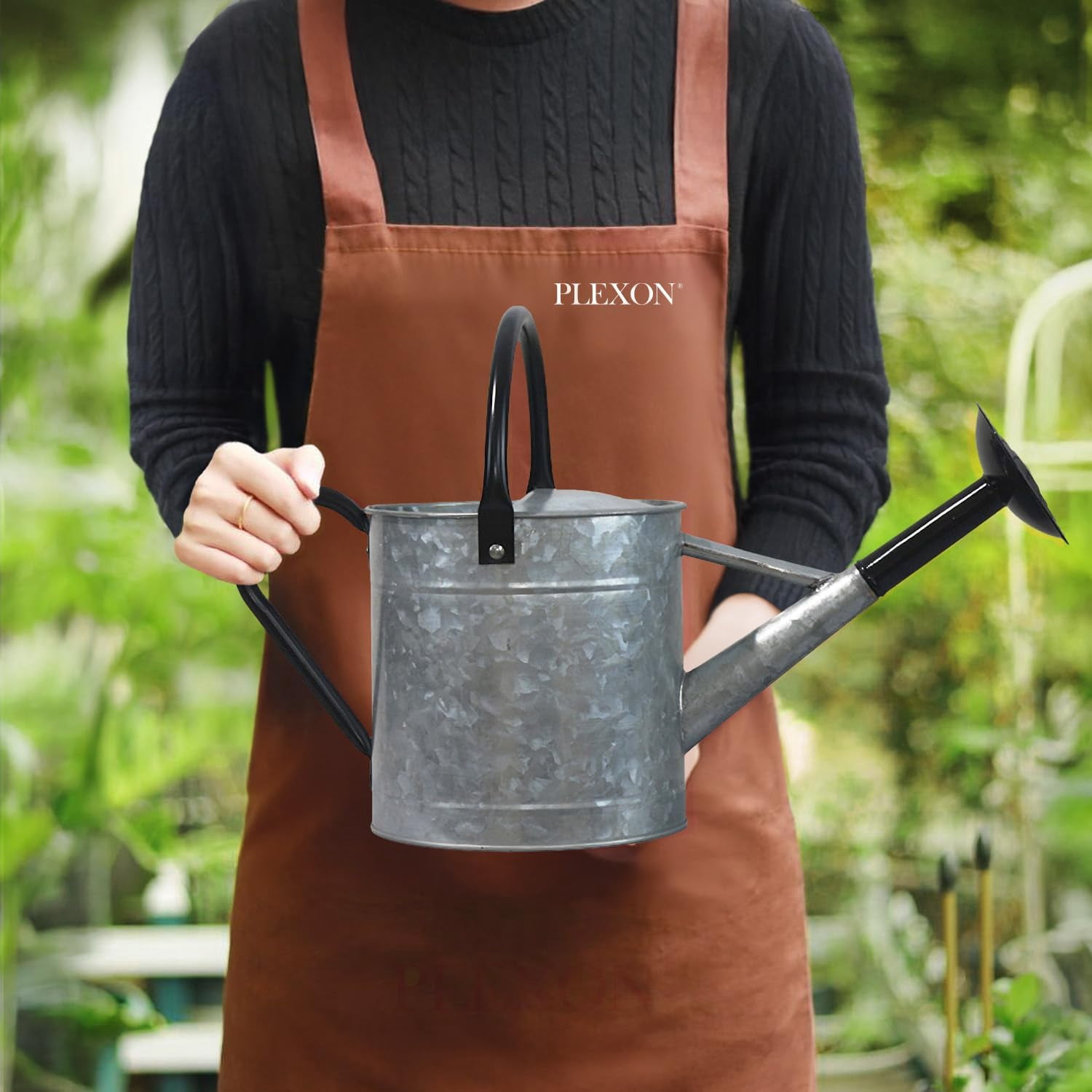 Plexon 1 Gallon Metal Watering Can Outdoor, Flower Plant Gardening Garden Large Galvanized Watering Can Pot Pitcher, Steel Black Handles and Removable Spray Spout, Silver