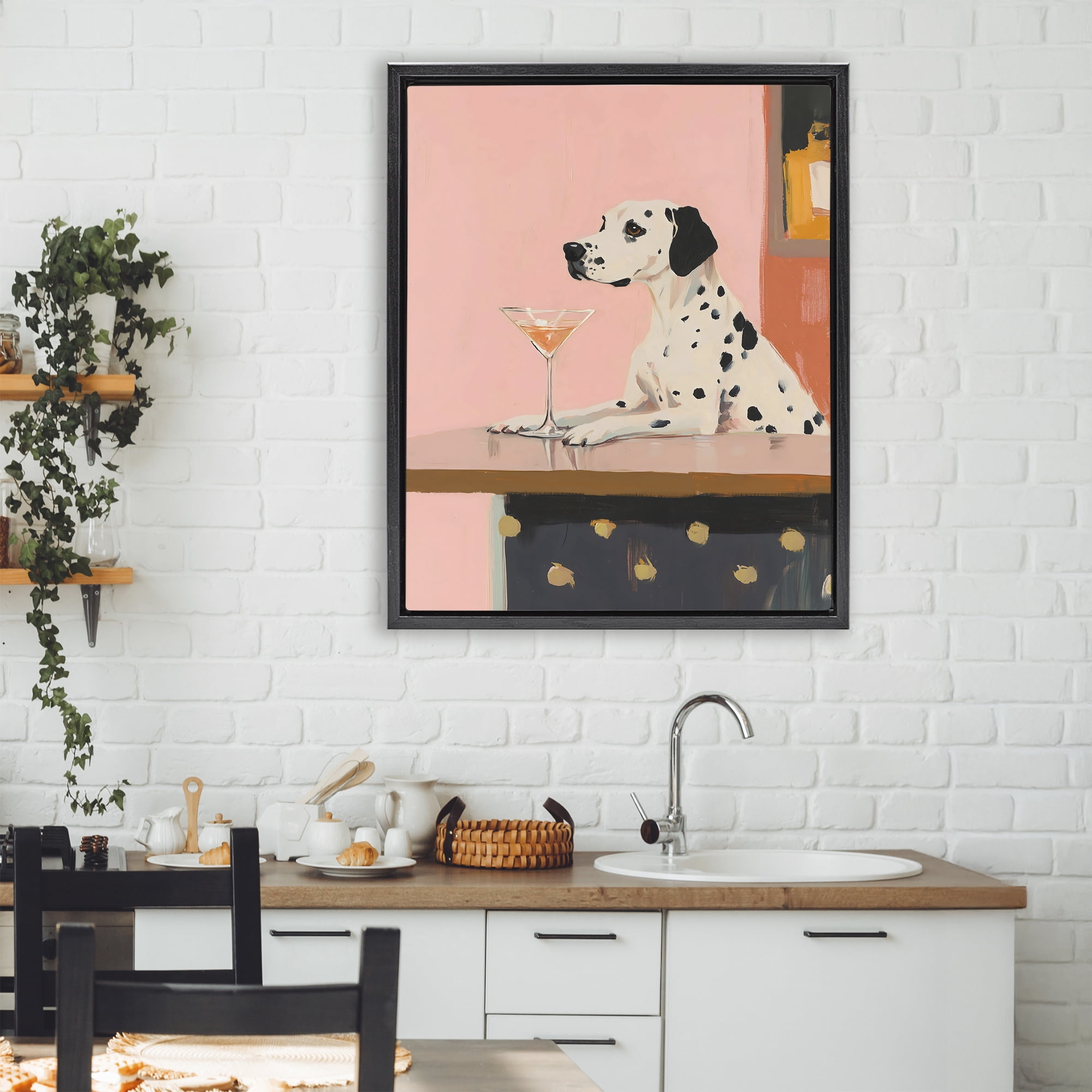 Stupell Industries Dalmatian at Cocktail Bar Black Framed Floater Canvas Wall Art, design by The Prints Vibe