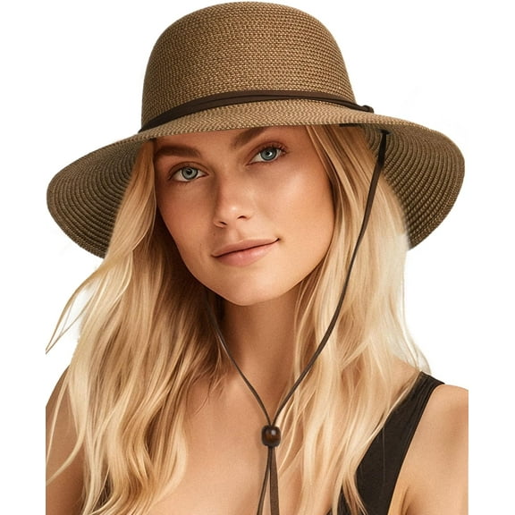 CAILDANL Womens Wide Brim Sun Hat with Wind Lanyard UPF Summer Straw Sun Hats for Women