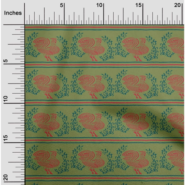 oneOone Polyester Lycra Fabric Stripe|Leaves & Hen Block Printed Craft Fabric BTY 56 Inch Wide