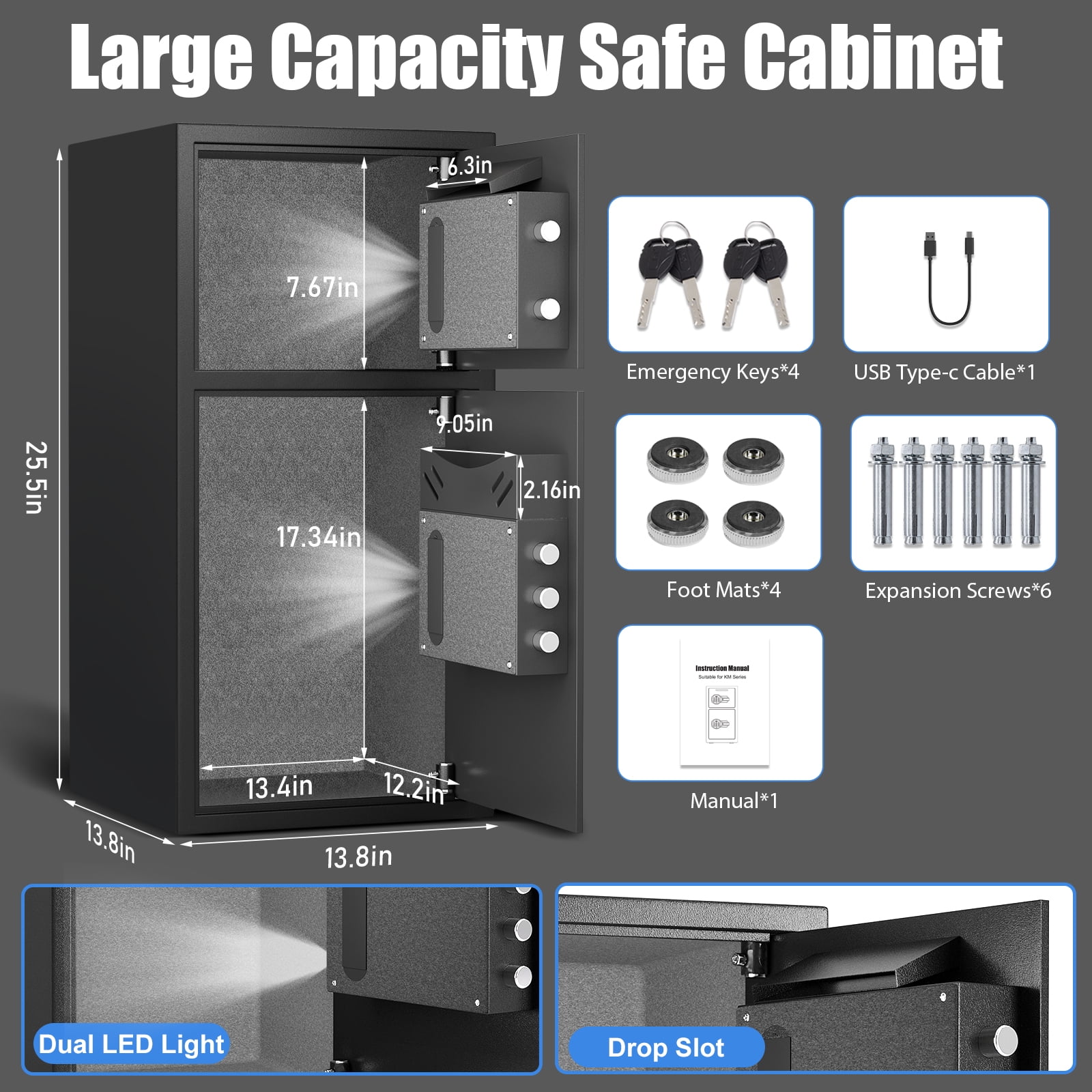 Riflewell 6.0 Cu.Ft Home Security Safe with Adjustable Shelf & Drop Slot, Biometric Fingerprint & Digital Keypad Entry, Double Door Steel Depository Safe for Rifles, Cash, and Valuables, Black