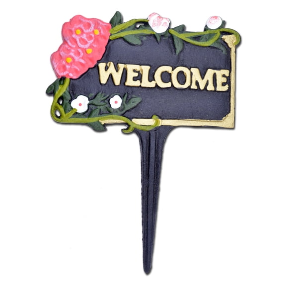 Welcome Garden Plaque Sign with Pink Flowers on Black Cast Iron 7" Wide by Flag Emotes
