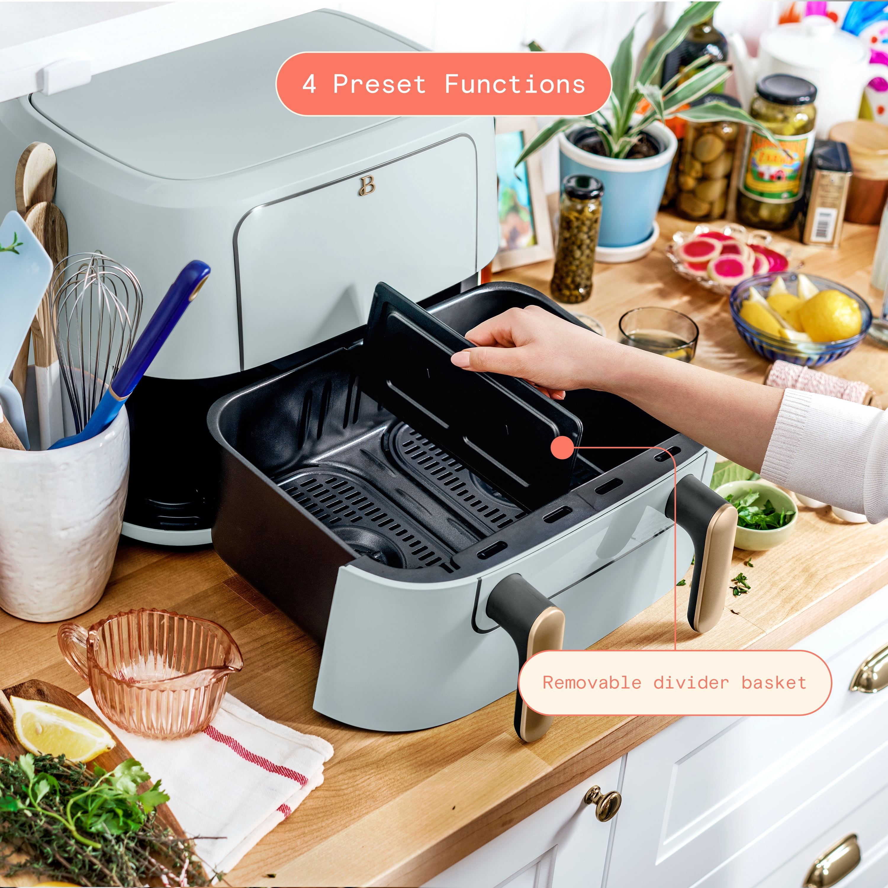 Beautiful 9 Qt TriZone Dual Basket Air Fryer, EverGood™ Ceramic Nonstick Coating, Hydrangea by Drew Barrymore