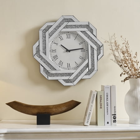 20 Large Wall Clock, Silver Mirrored Wall Clock with Roman Numerals, Crushed Diamond Mirrored Wall Clock,Elegant Beveled Glass Frame Wall Clocks Decor for Living Room, Bedroom & Dining Room