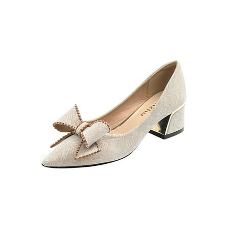 

Ymiytan Women Pumps Mid Heel Dress Shoes Slip On Block Heels Work Pump Shoe Anti-Slip Pointy Toe Apricot 7.5