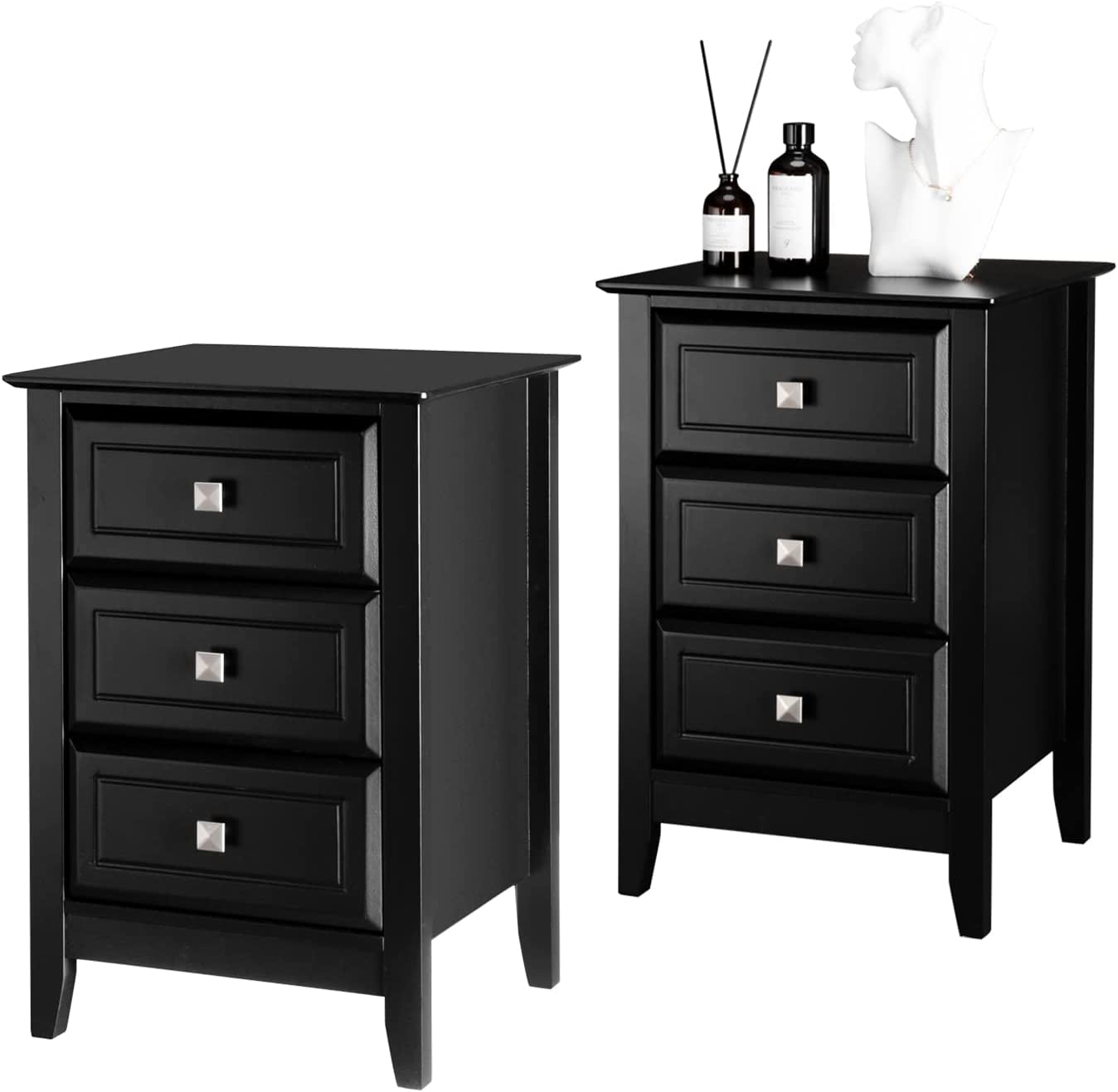 VINGLI 3 Drawers Nightstand Set of 2, Modern Black Wood Bed Side Table Bedroom