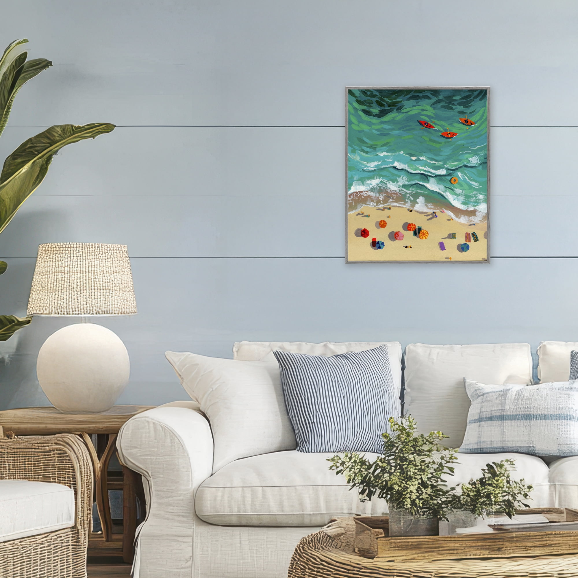 Stupell Industries Three Kayaks in Turquoise Waves Gray Framed Giclee Art, design by Brook Page