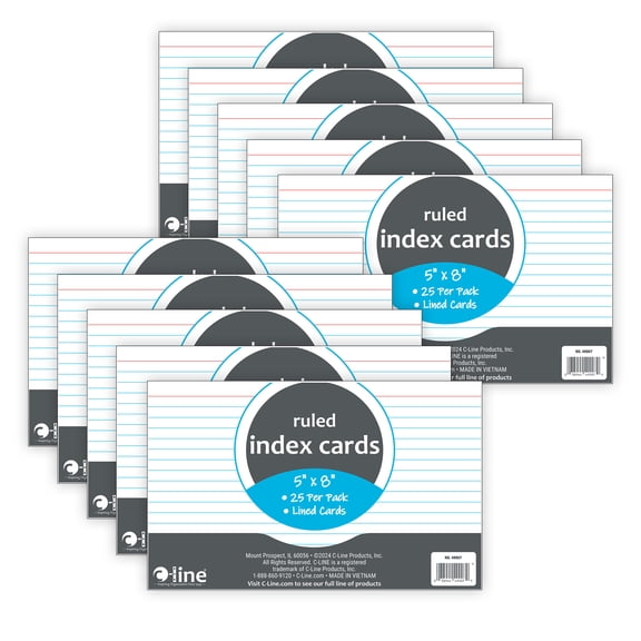 C-Line Index Cards, 5" x 8", White, Ruled, 25 Per Pack, 10 Packs
