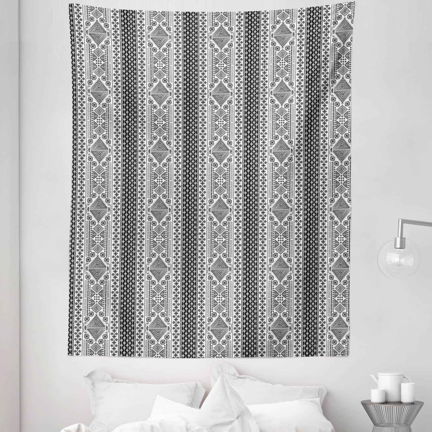 Mexican Print Tapestry, Monochrome Vertical Layout of Prehistoric Art