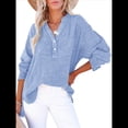 thumbnail image 2 of Blusas Casuales de Larga con Cuello en V y Botones para Mujer, Blusas Lisas de Gran Tamaño. Azul M, 2 of 7