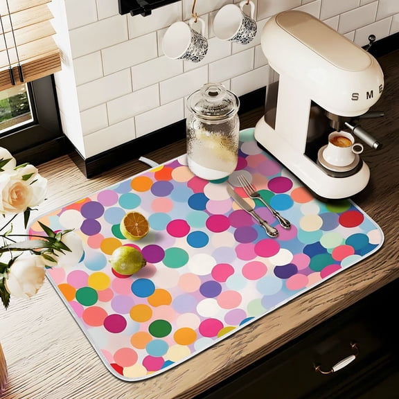 Yayeee Dish Drying Mat for Kitchen Counter 16" x 18" Microfiber Super Absorbent Coffee Decorative Pad, Light Colorful Circles