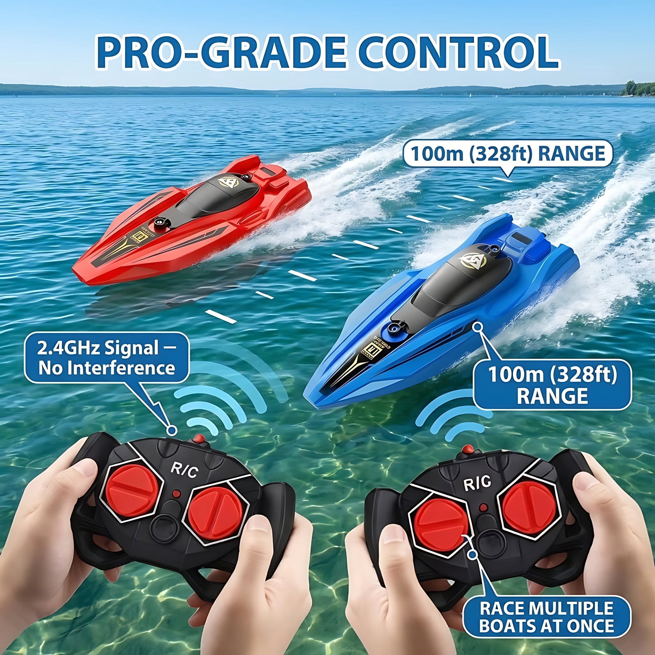 Tigozz 2-Pack RC Boats for Kids Adults, 25km/h High Speed Remote Control Boat for Pools Lakes, 2.4GHz Racing Speedboat with LED Lights, Red & Blue