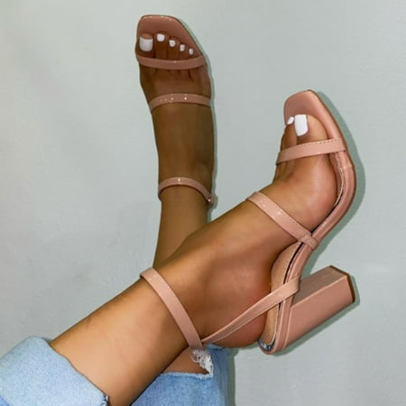 

VKEKIEO Open Toe Cushionaire Sandals Women High Heel Square Pink