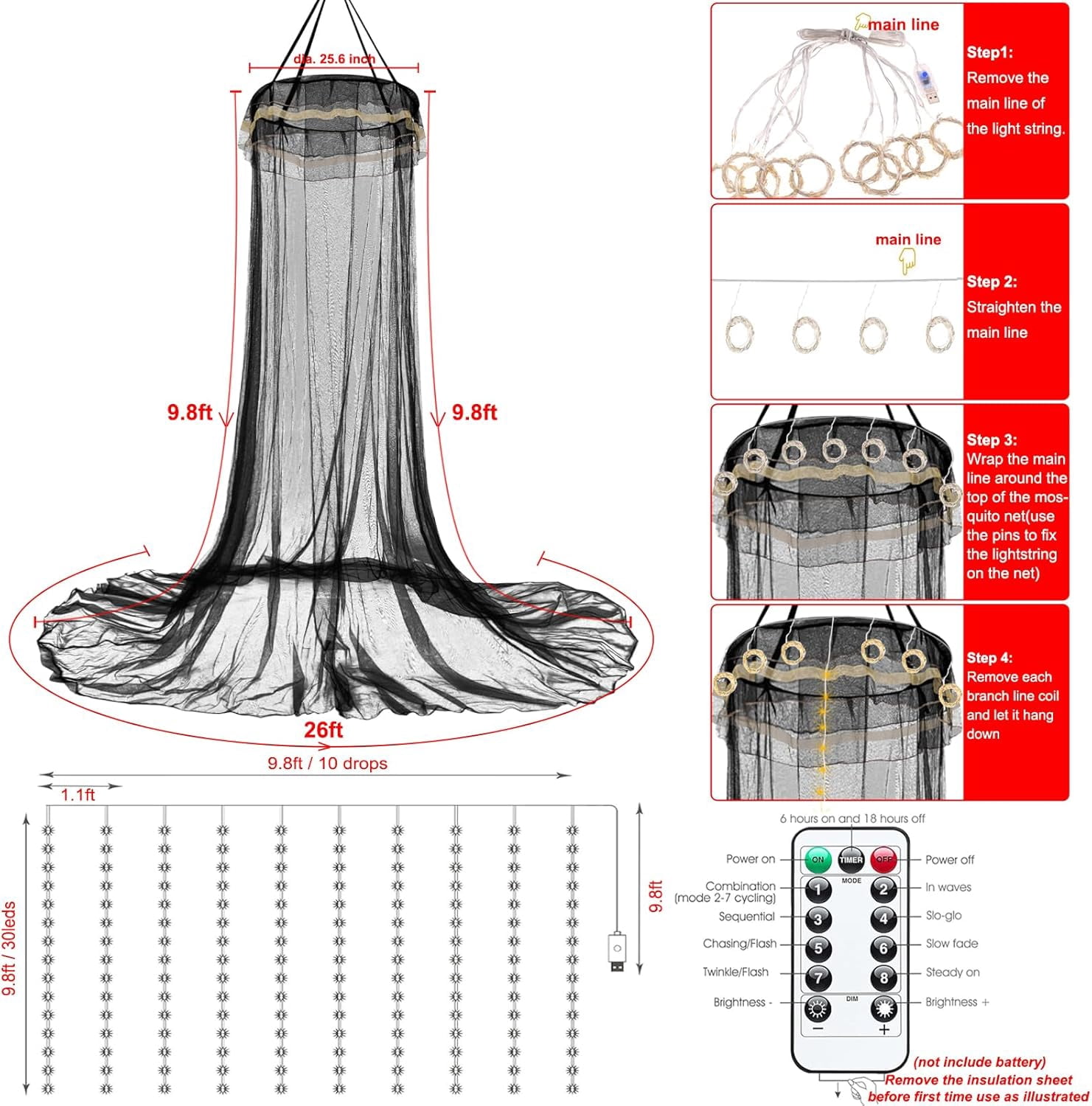 Bed Canopy with Lights for Girls, Decorate Led Lights Bed Canopy Netting Mosquito Net, Home Decor for Twin, Full, Queen - Black