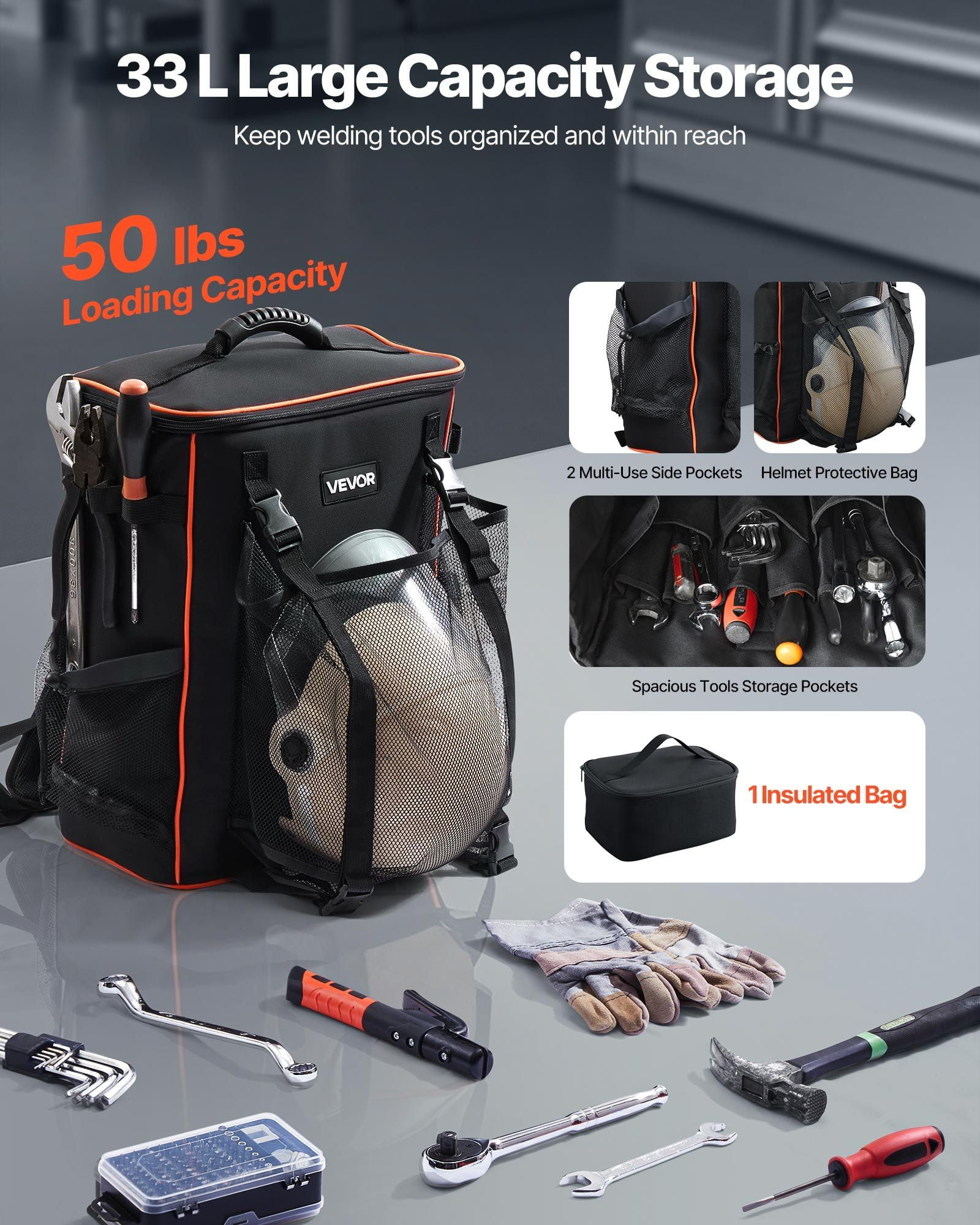 33L Welding Backpack – Heavy Duty 600D Polyester Tool Bag with Helmet Compartment – Heat & Spark Resistant, Fits Welder, Gloves & Accessories – Durable for Jobsite & Travel