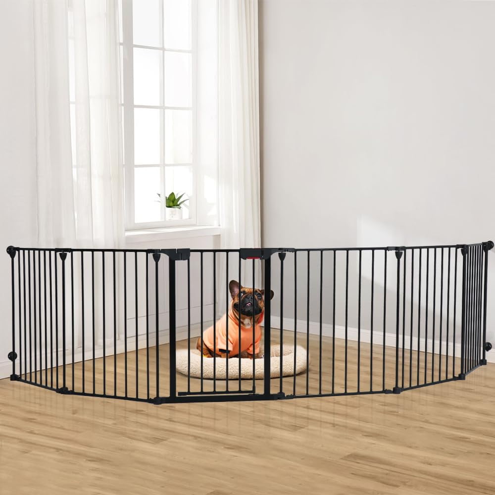 LUCKUP  Freestanding Dog Gates with Door Walk Through, Extra Wide Doggy Door 150" W x 29" H Pet Gate Safty 6 Panels Dog Fence for Stairs, Doorways