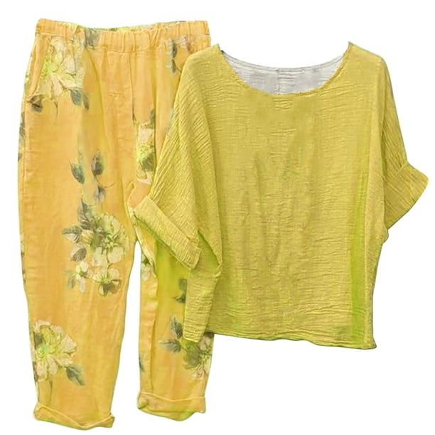 Conjunto de tops y pantalones de manga larga con cuello redondo y estampado para mujer Wmkox8yi bvn2740
