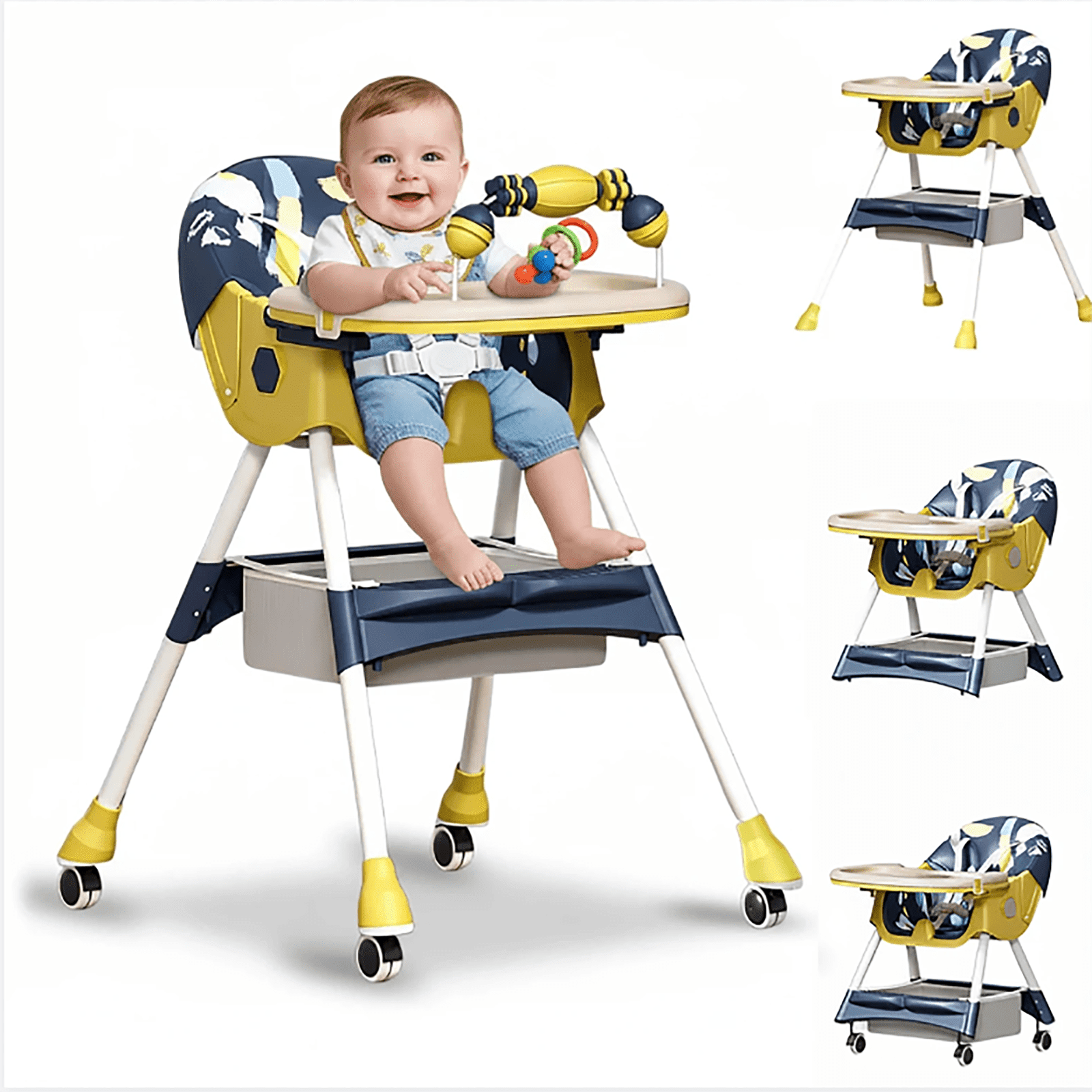 XunKA 4-in-1 Convertible Baby High Chair, Foldable Toddler Feeding Chair with Adjustable Tray & 5-Point Harness, Yellow, for 6-36 Months