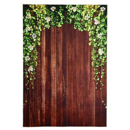 Photo Backdrop - Wooden Photo-Booth Background with Floral Design on Wood Flooring, Brown Photography Background for Studio, Wedding, Birthday Party, 5 x 7