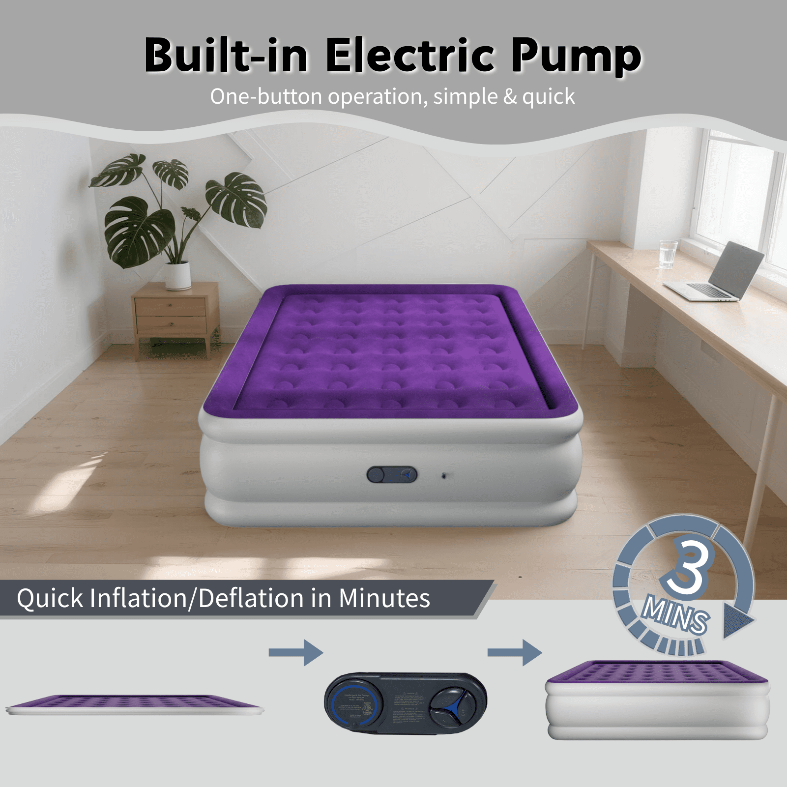 Full 18" Top Flocking Air Mattress with Built-in Pump Raised Comfort,Fast Inflation/Deflation Foldable Portable Air Bed with Storage Bag for Home,Camping,Guests Purple