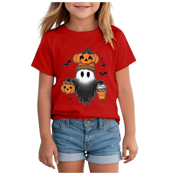 HCNTES Halloween Pumpkin Spooky Tshirt Shirt Halloween Shirt for Kids Youth T ShirtT-Shirt Kids Halloween Party Shirt(R374-Red,7-8 Years)