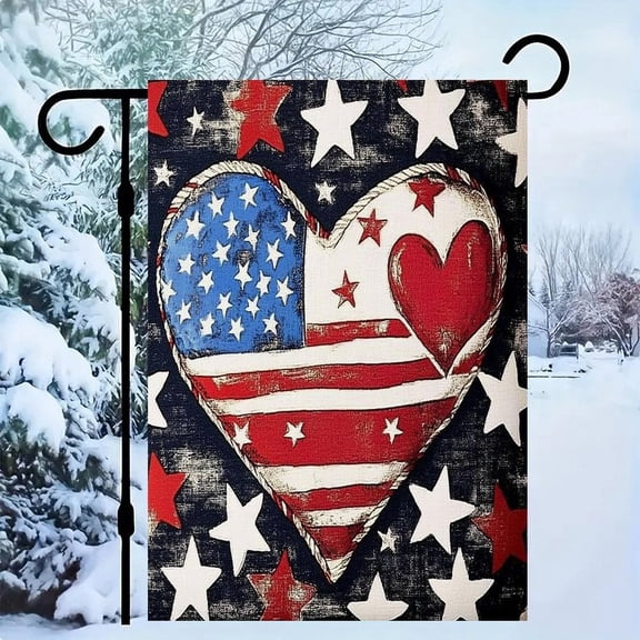 RKSupls Patriotic Linen Double Sided Garden Flag, Independence Day Themed Yard Decor, Patriotic Heart Pillow Design Outdoor Banner for Holiday Lawn