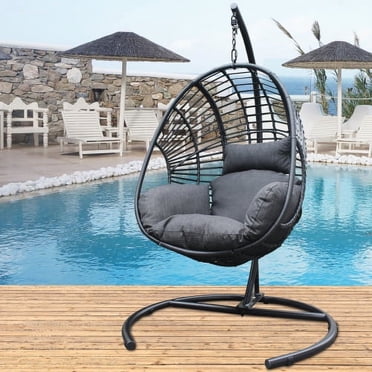 Better Homes & Gardens Outdoor Lantis Patio Hanging Egg Chair with Stand - Tan Wicker, Beige Cushion