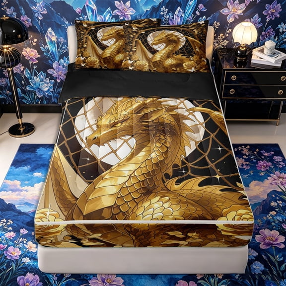 Metsweet Golden Dragon Zipper Twin Comforter Sets with Fitted Sheet and 2 Pillowcases, Gothic Rose Moon Zipper Bedding Set, Black Gold White,4-Piece,Black Reversible