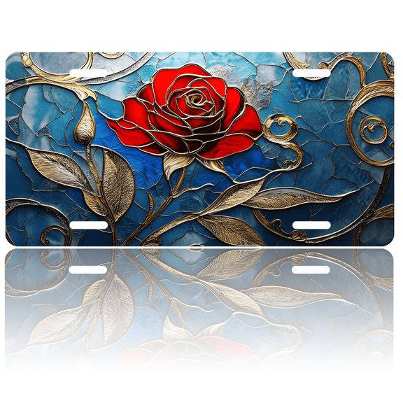 1 Pcs 2D Flat License Plate Covers & Frames, Stained Glass Rose For Decorative Front, Waterproof For Decoration Aluminum License Plate Covers & Frames Cover For Men Women, 12" X 6"