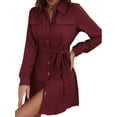 thumbnail image 2 of Fangasis Women Shirt Dress Long Sleeve T-shirt With Belt Mini Dresses Ladies Casual Tunic Blouse Loose Work Tops Claret M, 2 of 5