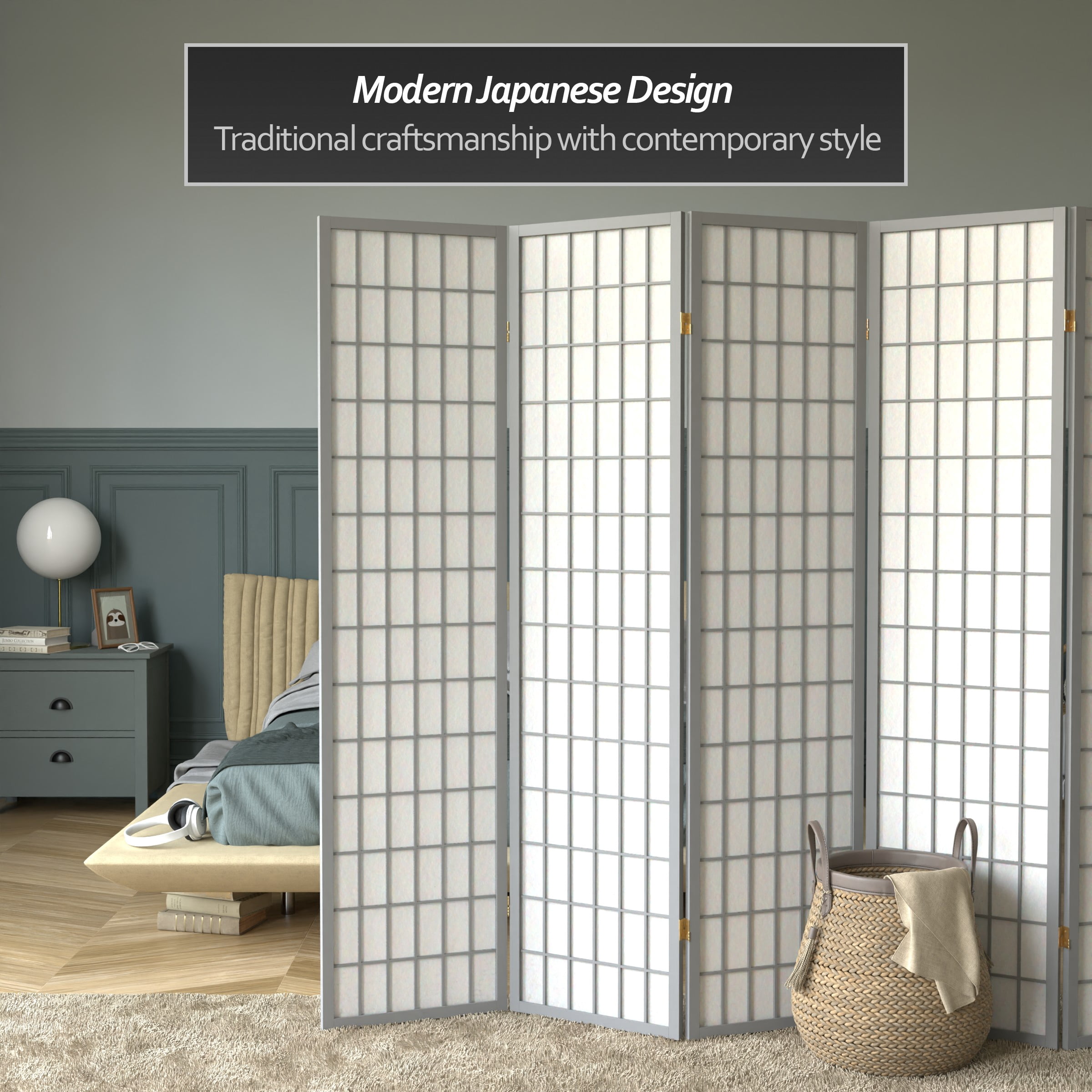 Red Lantern 6 ft. Tall Window Pane Shoji Screen - Grey - 6 Panels