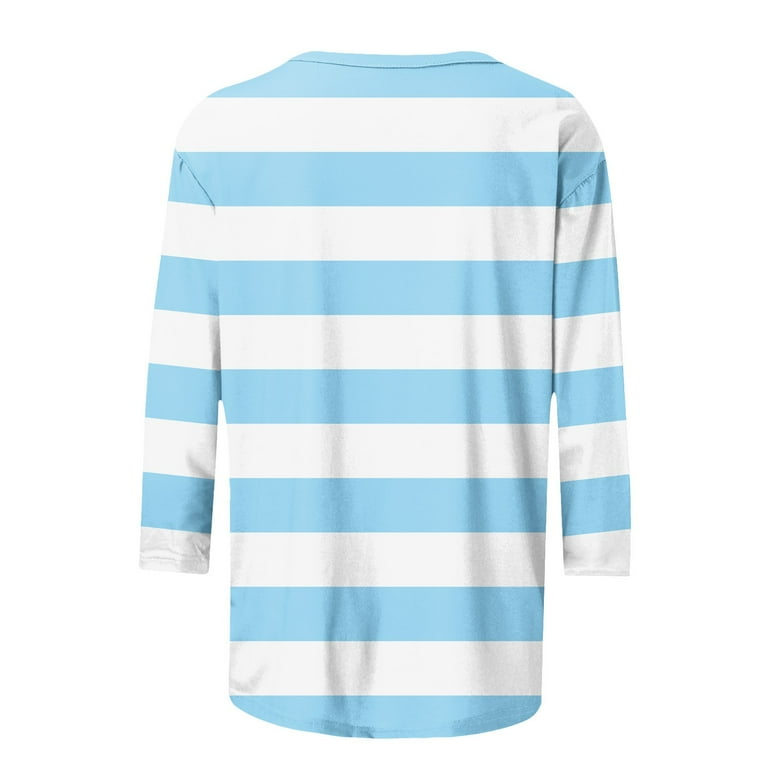WREESH Womens Fashion T-Shirts Striped Printed T-Shirt 3/4 Sleeves Blouse Round Neck Casual Tops Pullover Light Blue WREESH Womens Fashion T-Shirts Striped Printed T-Shirt 3/4 Sleeves Blouse Round Neck Casual Tops Pullover Light Blue