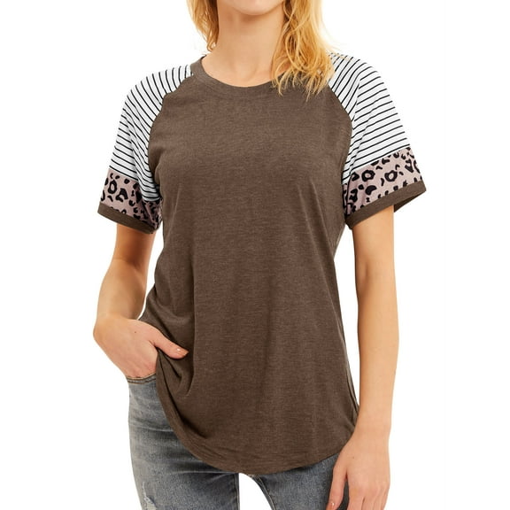 Women Crew Neck Short Sleeve Stripes Leopard Print Top,XL