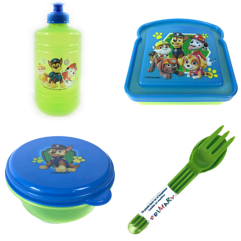 Paw Patrol Lunch Box Set! Includes Sandwich Box + Snack Container + Water Bottle + Tableware Featuring Ryder + Dogs! 4 Piece Kids Picnic Pack in Tote