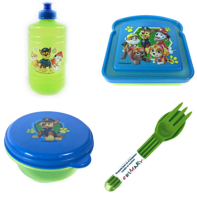 Paw Patrol Lunch Box Set! Includes Sandwich Box + Snack Container + Water  Bottle + Tableware Featuring Ryder + Dogs! 4 Piece Kids Picnic Pack in Tote  Bag! (Green V6) 