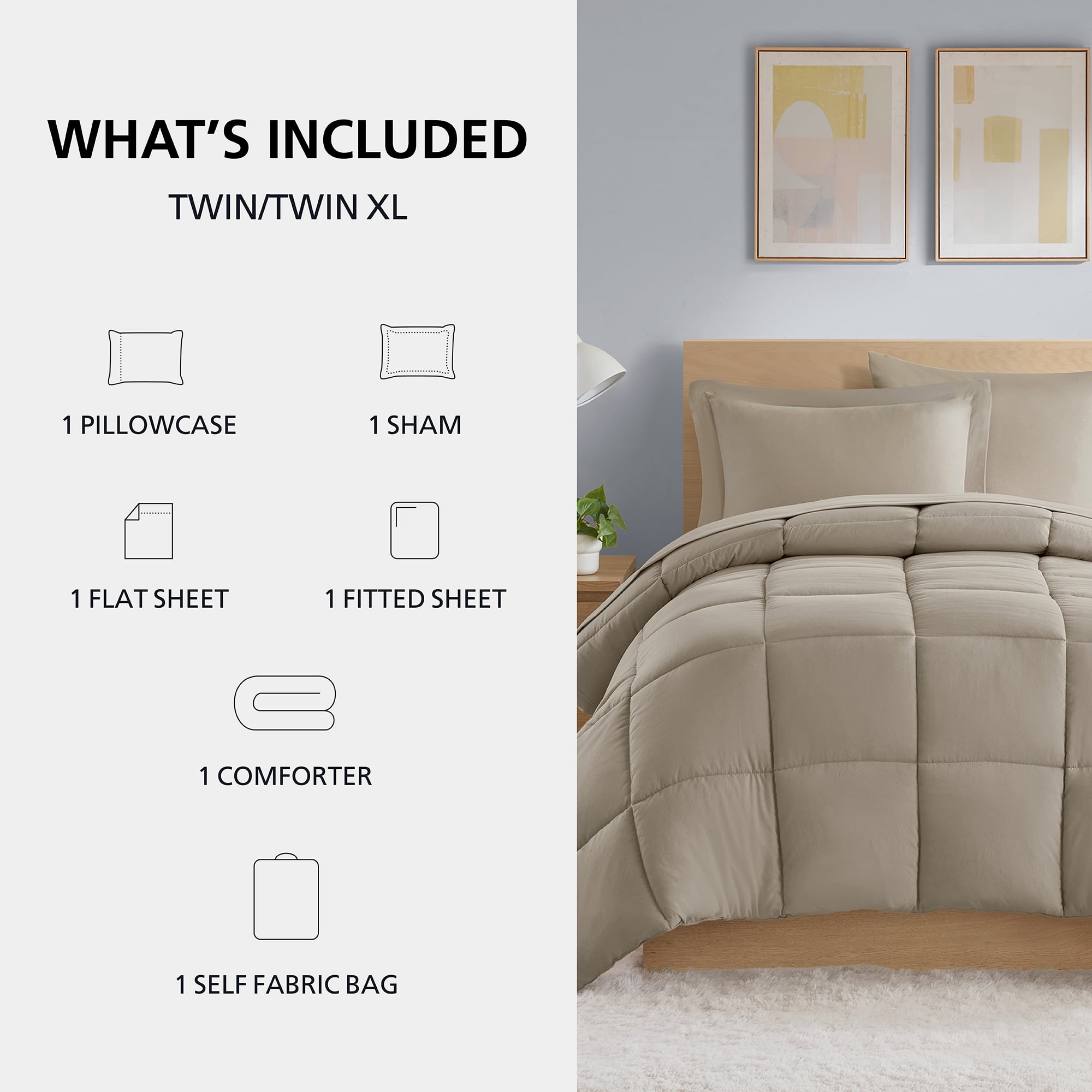 Mainstays All in One Down Alt Reversible Comforter and Sheet set- 5 Piece, Twin, Stone