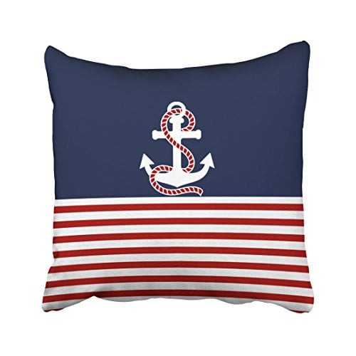 RYLABLUE Square Throw Pillow Covers Nautical Red White Stripes And White Anchor Accent Pillowcases Polyester 18 X 18 Inch With Hidden Zipper Home Sofa Cushion Decorative Pillowcase