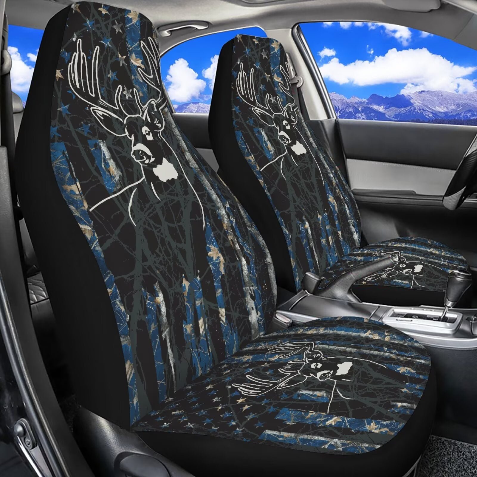 Binienty Camo Deer Front Auto Seat Covers American Flag Soft Cloth Bucket Seat Covers Breathable Anti-Slip Anti-Wear Elastic Easy to Install Universal Vehicle Accessories