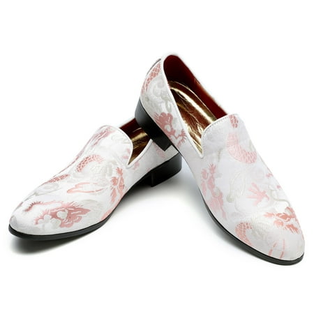 

Santimon Men Dress Shoes Embroidered Floral Loafers Slip On Wedding Party Formal Shoes Pink 9 US