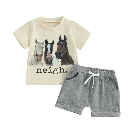 Suealasg Toddler Boys Western Outfits Short Sleeve Horse Color Print and Elastic Waist Shorts Sets 2Pcs Infant Baby Boys Summer Clothes