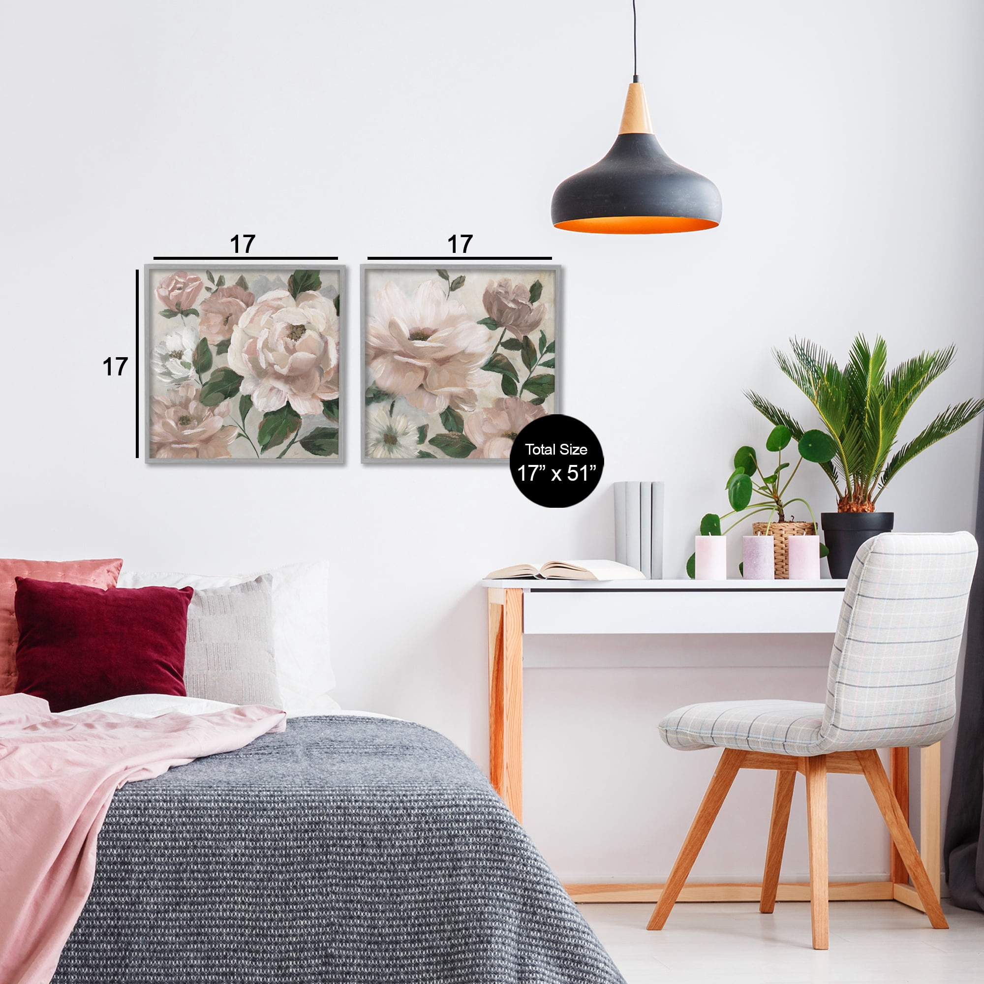 Stupell Industries Elegant Blush Peonies & Leaves 2 Piece Gray Framed Giclee Art Set, design by Nan
