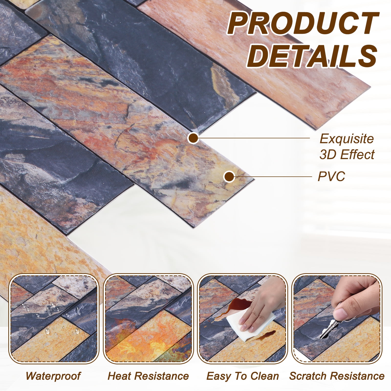 Uxcell 10Pcs Peel and Stick Backsplash Tiles 10.6" x 10.6" 3D Thickened Stone Texture Self-Adhesive Tile Stickers Wallpaper Wall for Kitchen Bathroom Bedroom, Gold Brown Black