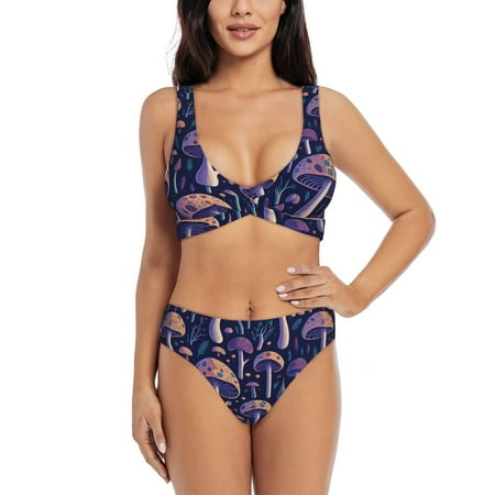 Zeuib Floral Hippie Mushrooms High Waisted Tummy Control Bikini Set - Knot Front Push Up Top & Cheeky Thong Bottom  Two-Piece Swimsuit for Women-X-Large