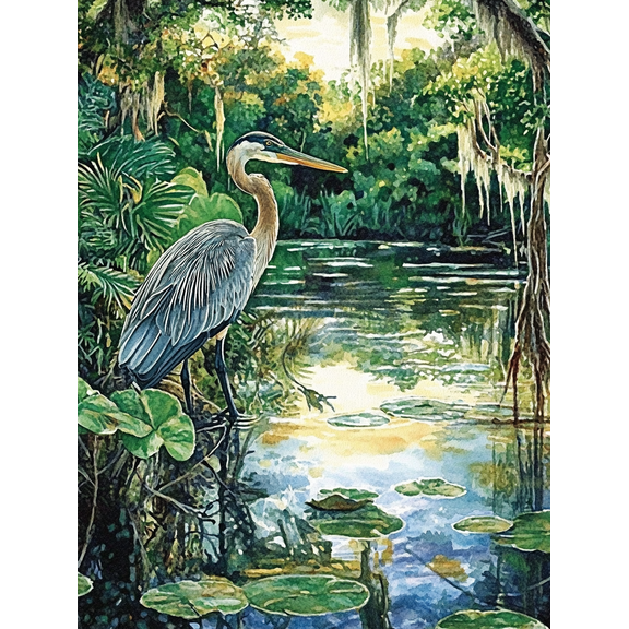 Great Blue Heron Watercolor Painting/Canvas Print, Suitable for Living Room, Bedroom, Bathroom, Office, and Dining Room Decoration.