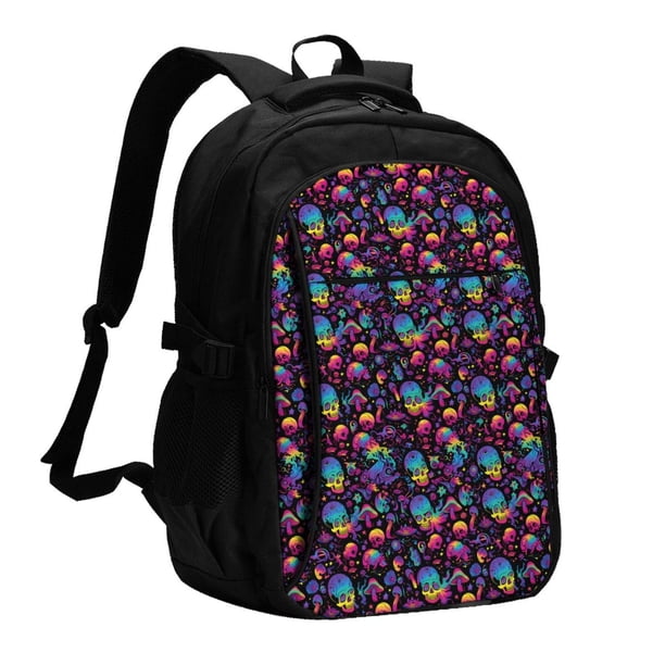 Easygdp mushroom colorful Skull Mochila para Laptop de Viaje con Puerto USB, Mochila para Laptop con Puerto de Carga USB para Mujeres y Hombres
