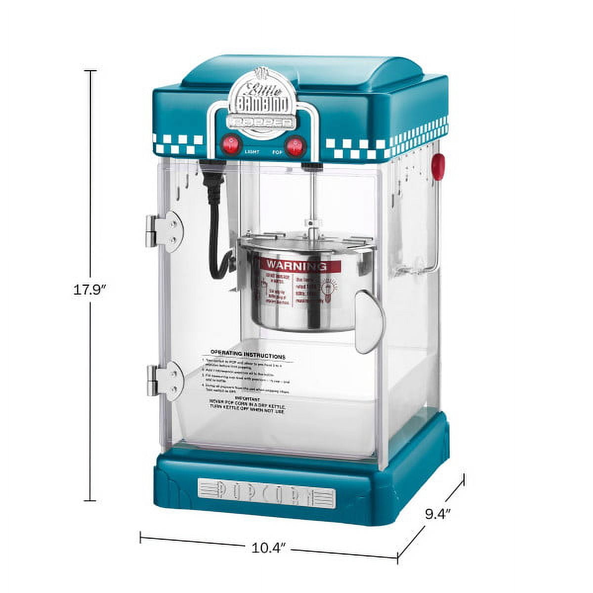 Little Bambino Countertop Popcorn Machine – 2.5oz Kettle with Measuring Spoon, Scoop, and 25 Serving Bags by Great Northern Popcorn (Blue)