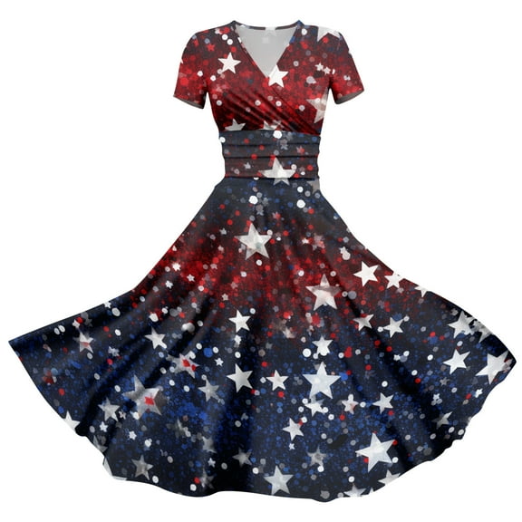 Women's 4th of July Patriotic Dress, Women Sexy Short Sleeve Maxi Dress, Independence Day American Flag Printed Elegant Design, Bohemian Silhouette for Summer Activities,Blue L