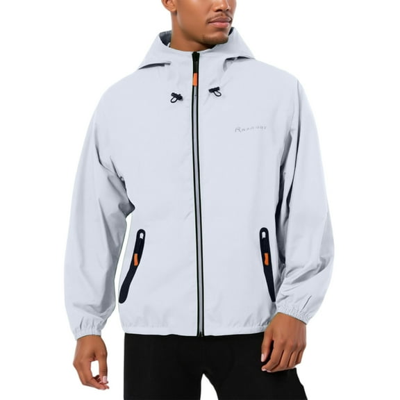Zimjoy White Windbreaker Men Waterproof Lightweight Hooded Rain Jacket Athletic Big and Tall Hoodie Jackets with Zipper Pocket Fishing Hiking Clothing, White L