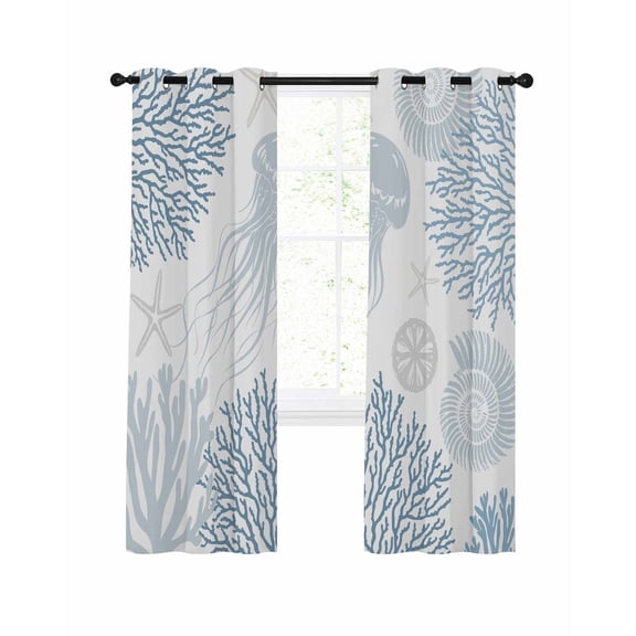 Light Blue Coastal Blackout Curtains, Light Blocking Print Window Curtains, Coral Jellyfish Starfish Ocean Nautical Thermal Insulated Window Drapes for Living Room 2 Panels, 104"W x 52"L